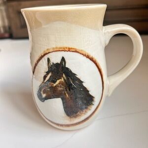 Vintage Hand-Painted Horse Stoneware Mug in Cream and Brown